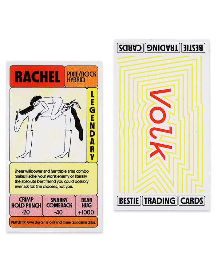 Front and Back of Riso custom trading cards. The front has a name, illustration, a bio, and attacks. The back says "Bestie Trading Cards."